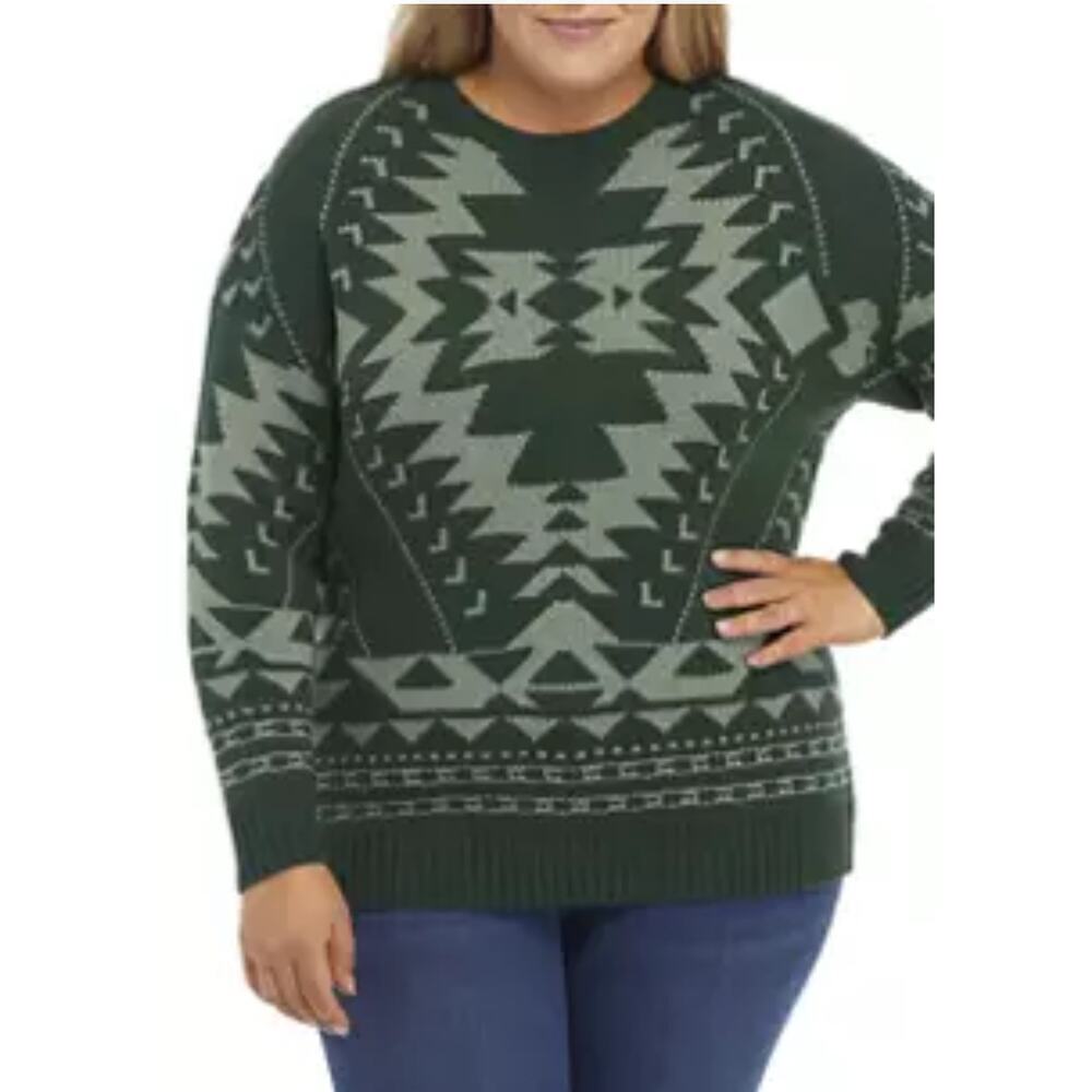 ☀️NWT Wonderly Sweater Crew Neck Long Sleeves Tribal Print Knit Green Womens XL - Picture 7 of 8